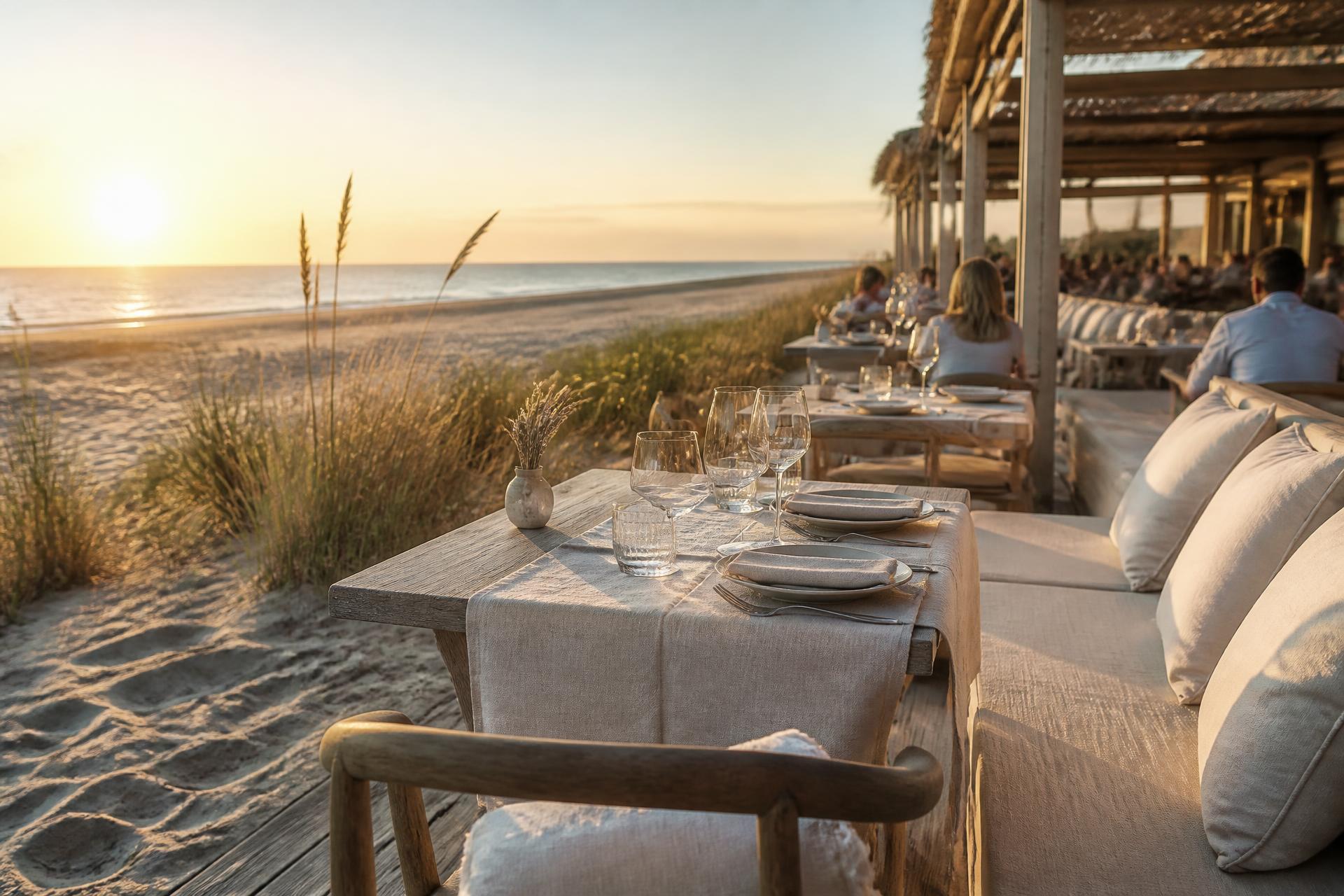 Terras van strandrestaurant STRAND 27 met gedekte tafels aan de Noordzee tijdens zonsondergang
