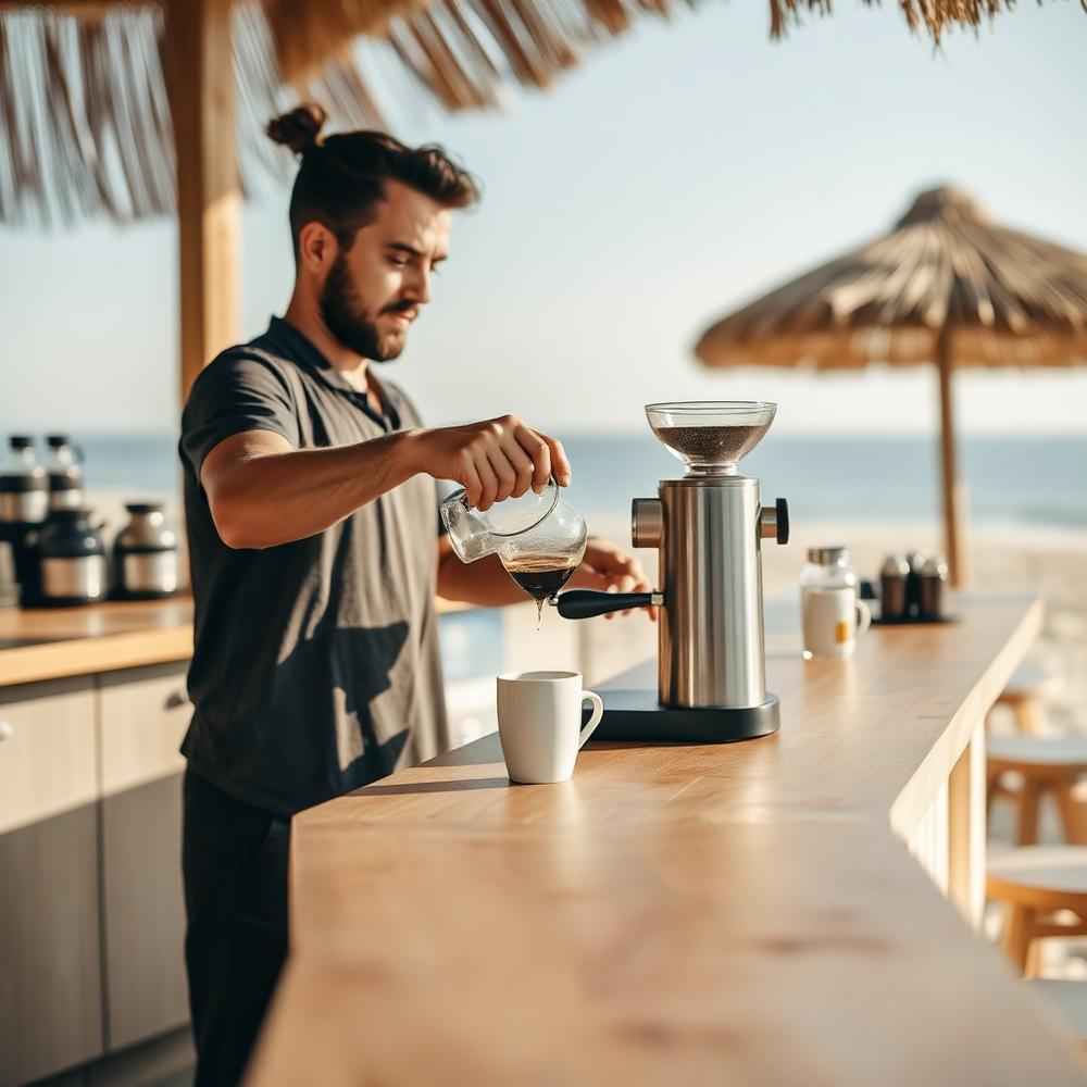 Barista schenkt koffie aan de strandbar in het ochtendlicht