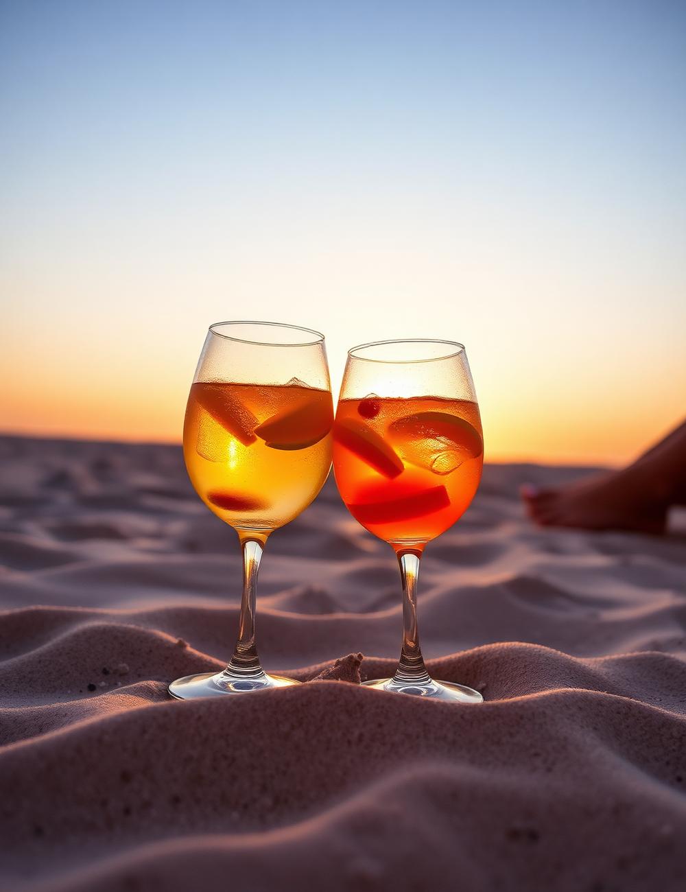 Twee spritz cocktails in het zand bij zonsondergang