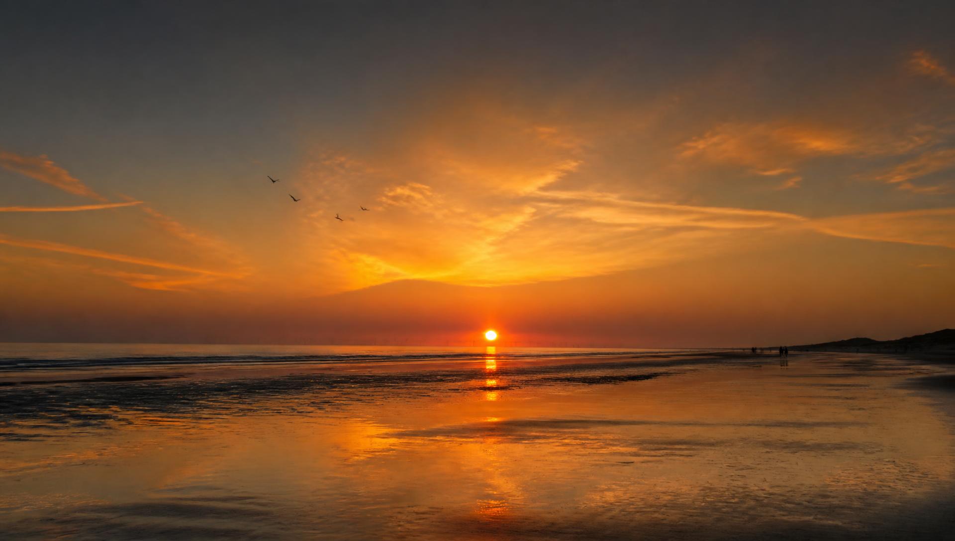 Zonsondergang boven de Noordzee met weerspiegeling in het natte zand