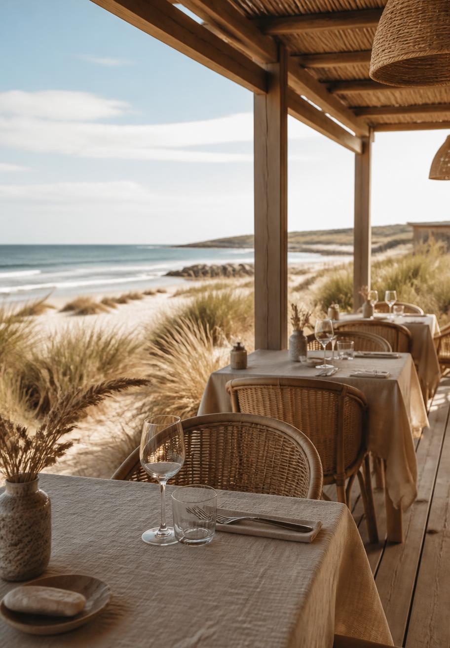 Verticale foto van het houten terras met rieten stoelen en linnen tafels bij de duinen