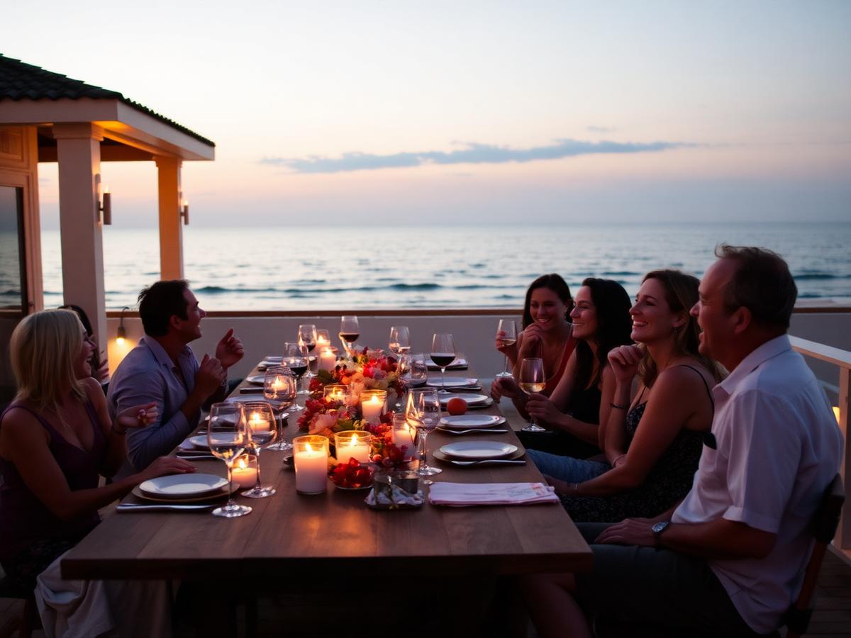 Vrienden aan een lange tafel op het terras bij schemer